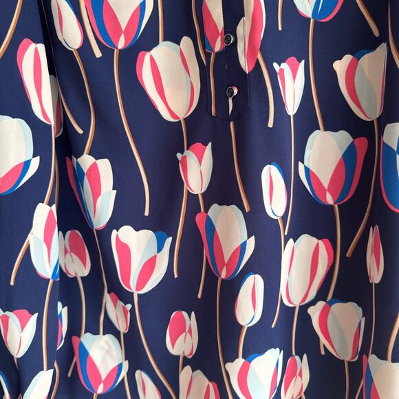 Talbots Tulips Ruffle Trim Popover Top Blue Button Front Long Sleeve Sz M - Picture 3 of 8